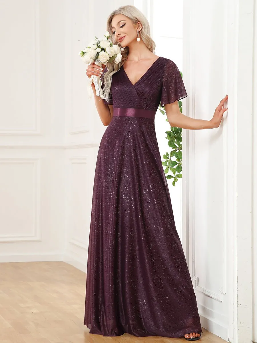 Lois flutter sleeve v neck glittering formal dress