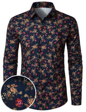 Men's Cotton Floral Casual Button Long Sleeve Dress Shirt