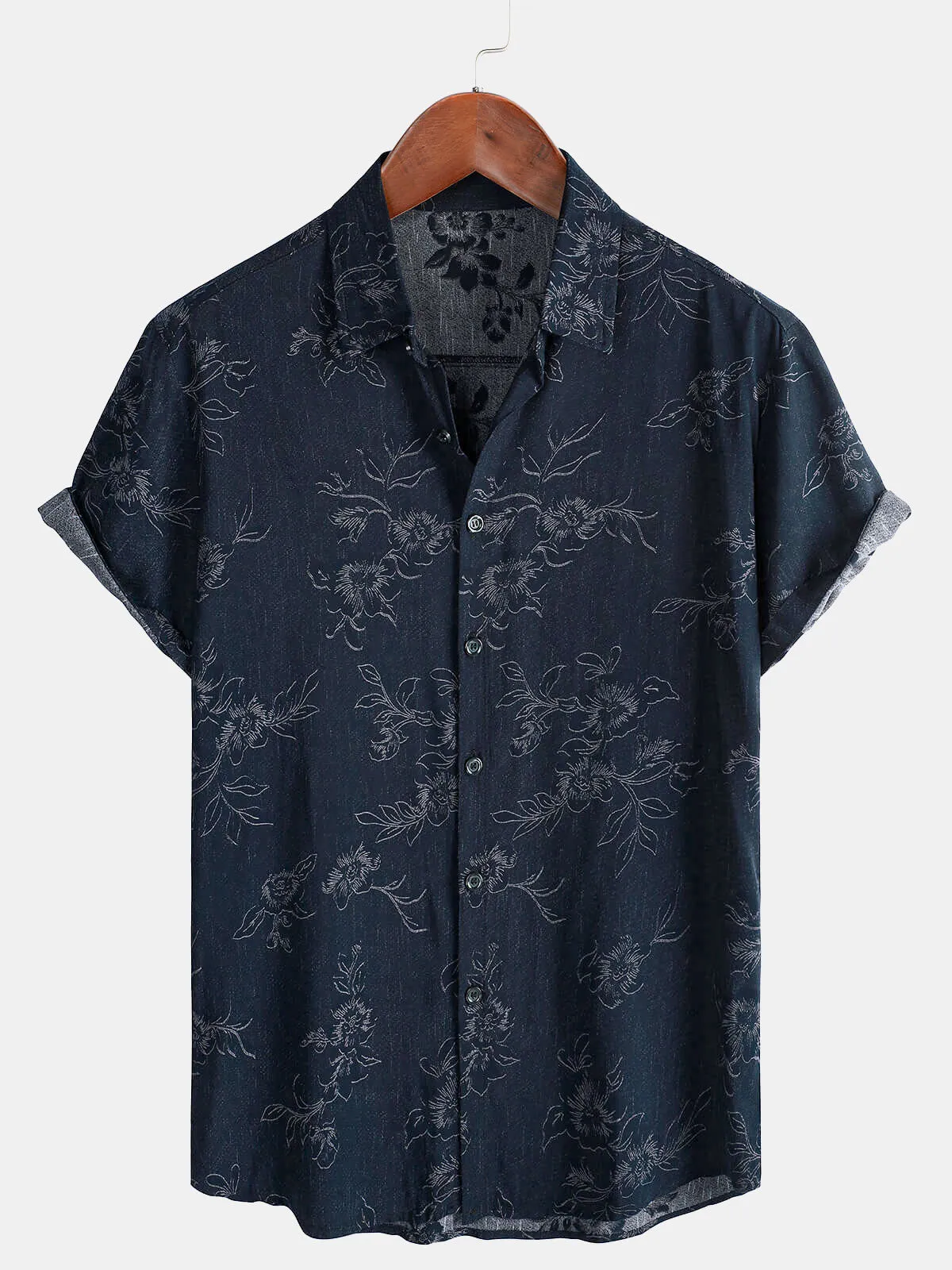 Men's Floral Holiday Casual Summer Short Sleeve Navy Blue Button Up Shirt