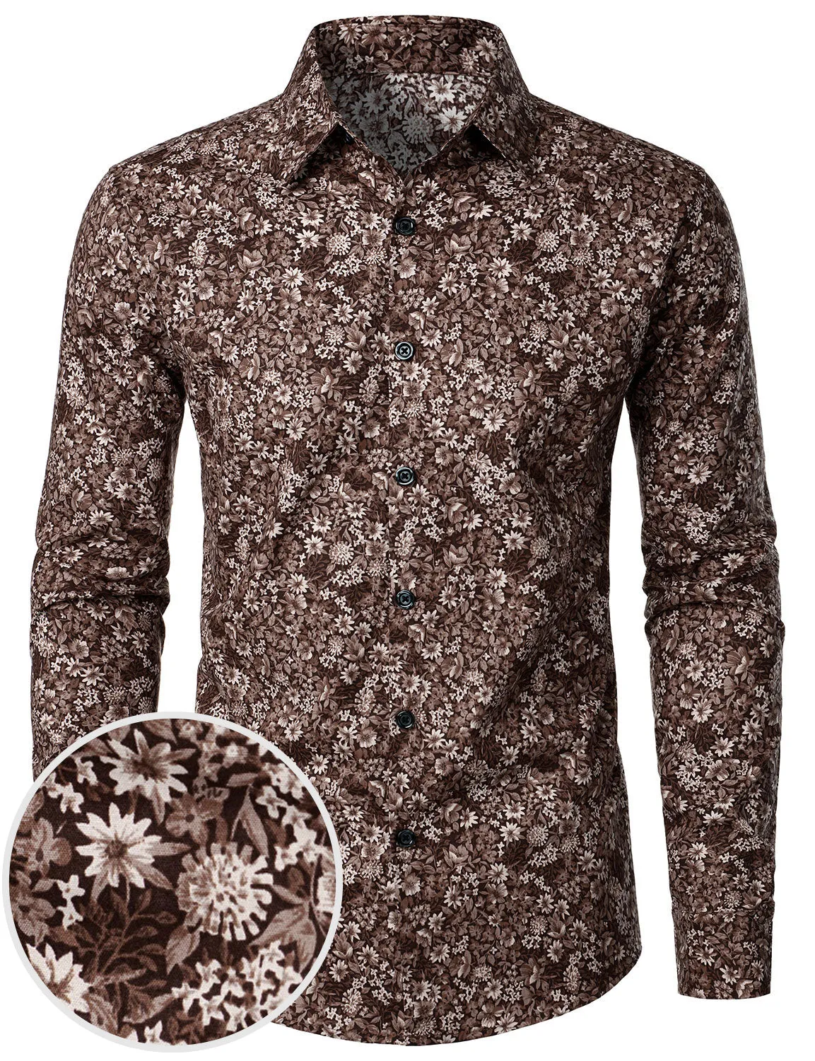 Men's Vintage Brown Floral Cotton Long Sleeve Button Up Dress Shirt