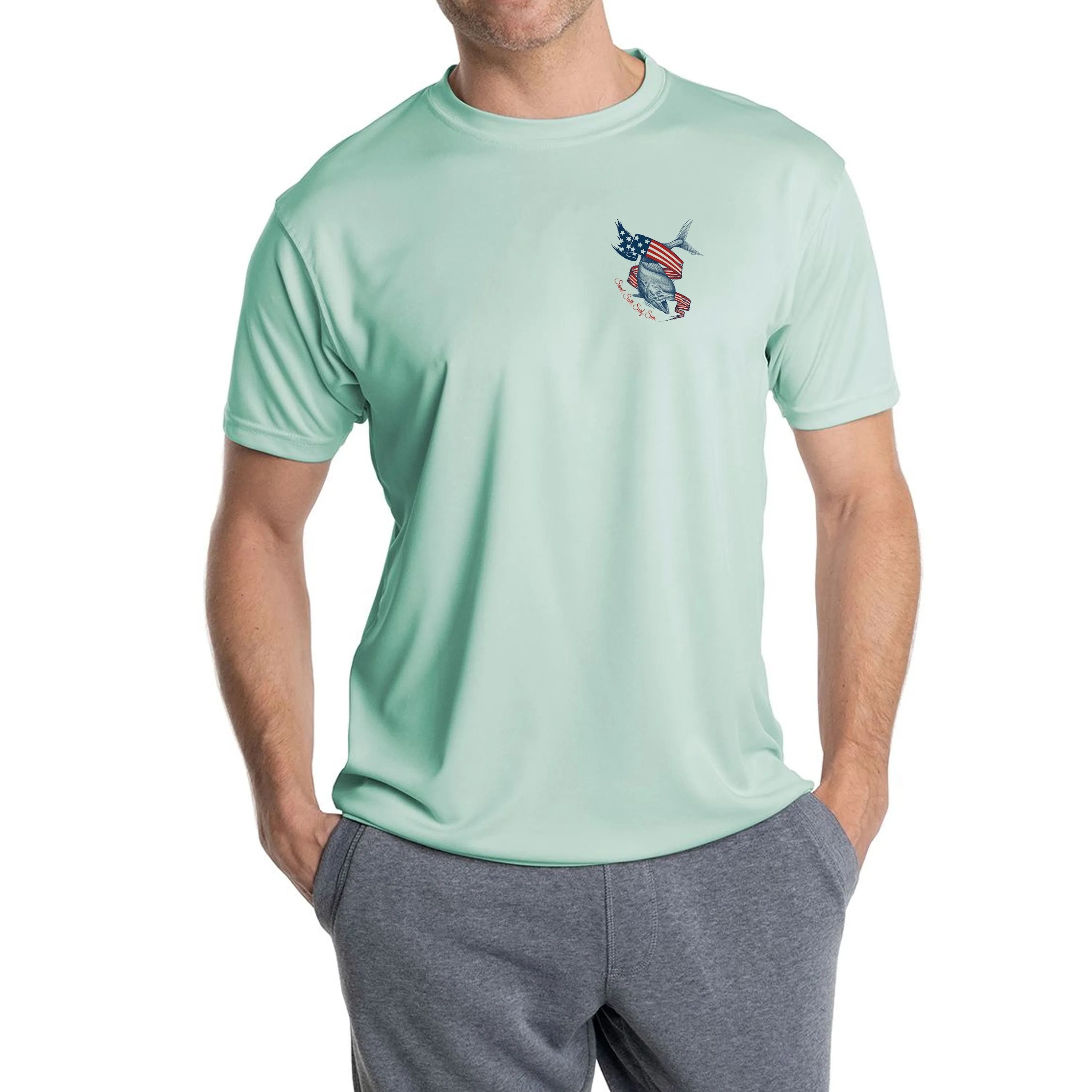SAND.SALT.SURF.SUN. Flag Mahi Men's UPF 50  UV Sun Protection Performance Short Sleeve T-Shirt