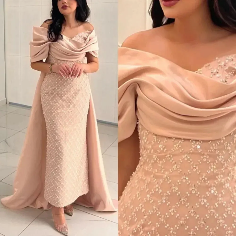 Satin Mermaid Dress Elegant Boat Neck and Beaded Design